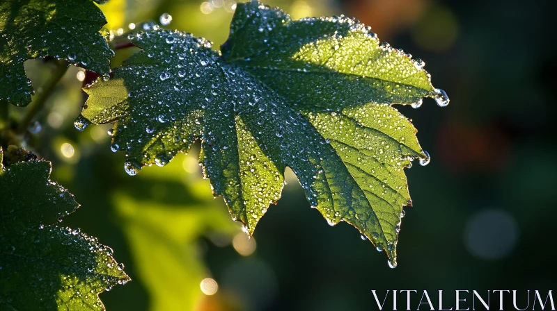 Leaf with Dew Drops in Sunlight AI Image