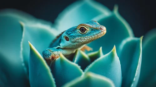 Blue Lizard on Succulent Close-Up