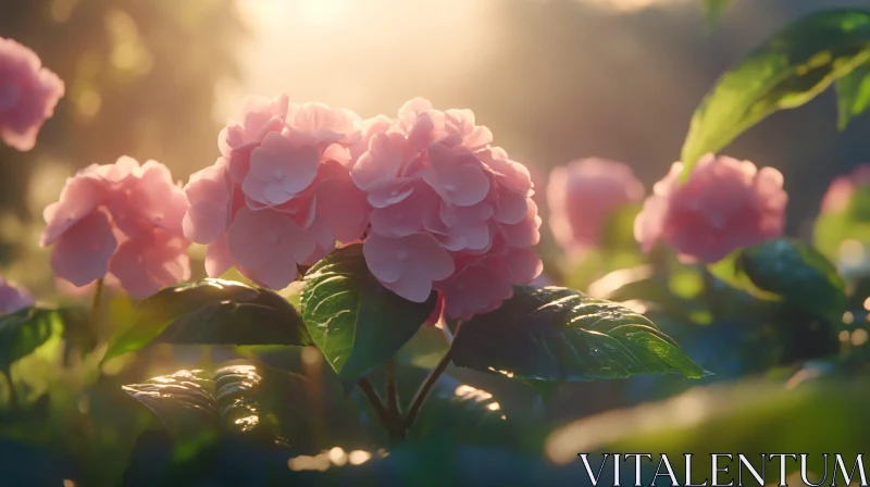 Peaceful Pink Hydrangeas with Morning Dew AI Image