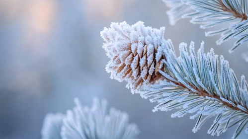 Frozen Pine Branch with Frosty Pinecone