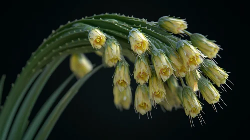 Yellow Flower Buds on Green Stems Against Dark Background