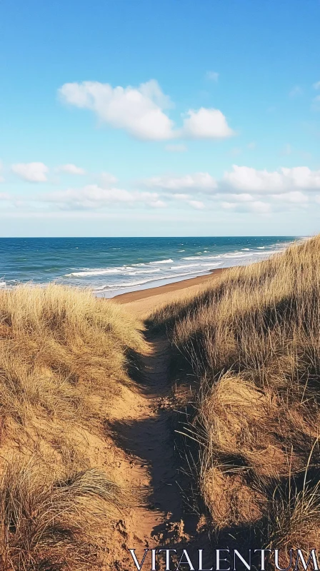 Secluded Pathway Through Dunes to Calm Ocean AI Image