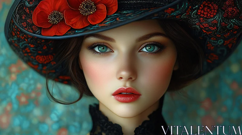 Ornate Hat Adorned Green-Eyed Woman AI Image