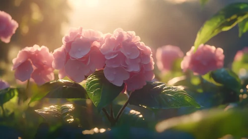 Peaceful Pink Hydrangeas with Morning Dew