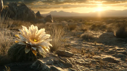 Golden Hour Cactus Blossom in Desert Scenery