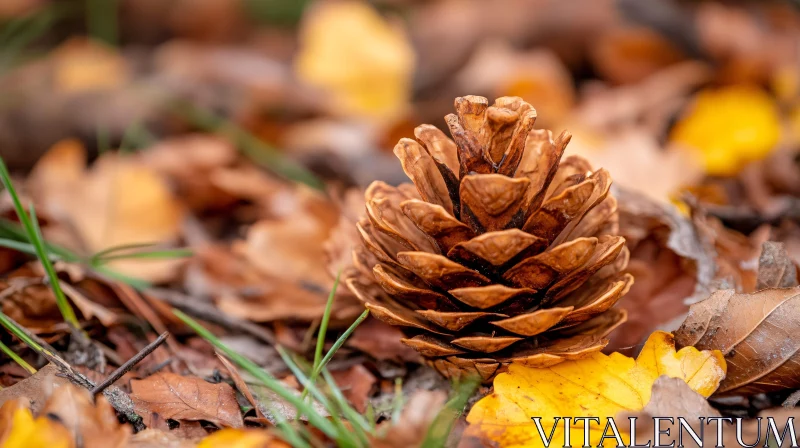 AI ART Detailed Macro of Pine Cone Amidst Autumn Leaves