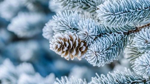 Icy Pine Needles and Pinecone in Winter