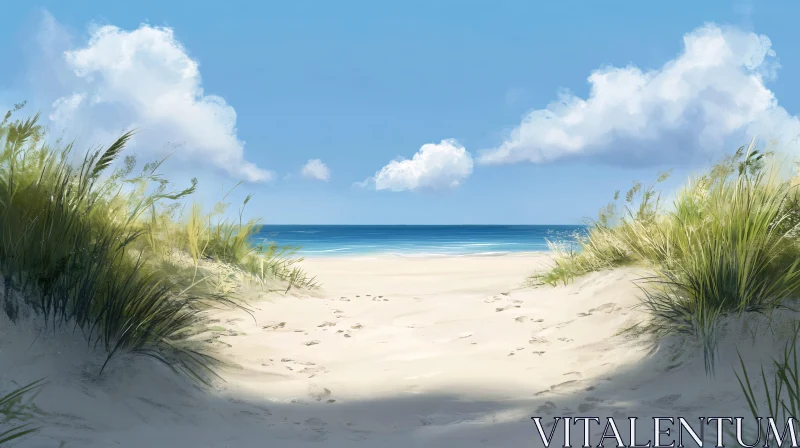 AI ART Serene Sandy Beach with Grasses and Puffy Clouds