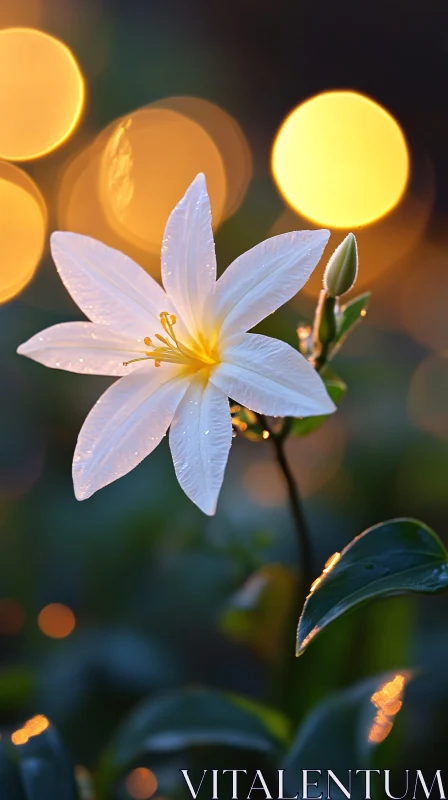 White Flower with Dew and Bokeh Glow AI Image