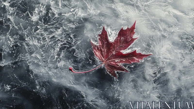 Vivid Red Leaf on Frosty Ice