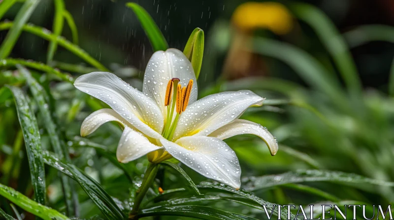 Elegant White Lily Blooming with Raindrops AI Image