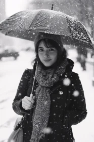 Winter Portrait of Woman with Umbrella in Snow