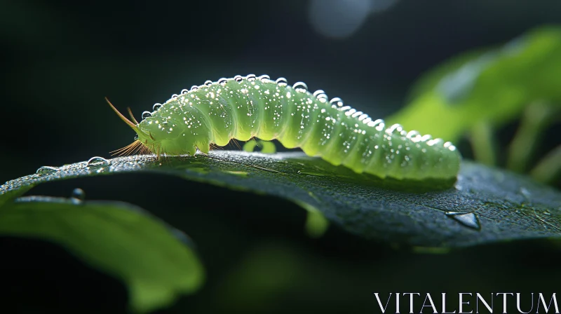 Close-Up of Dew-Covered Green Caterpillar on Leaf AI Image