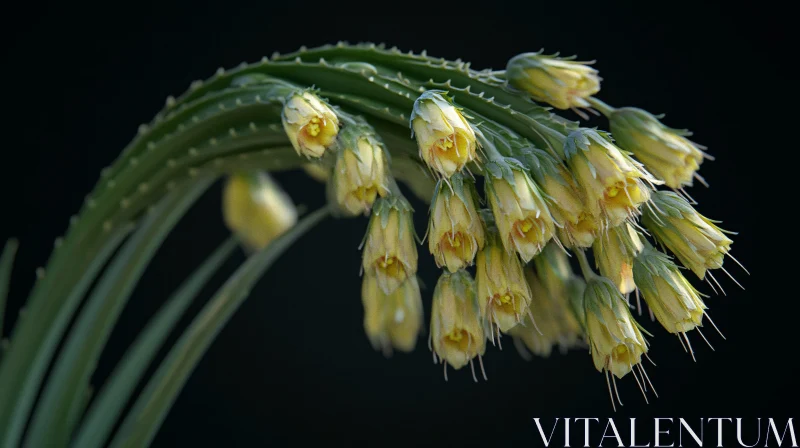 Yellow Flower Buds on Green Stems Against Dark Background AI Image