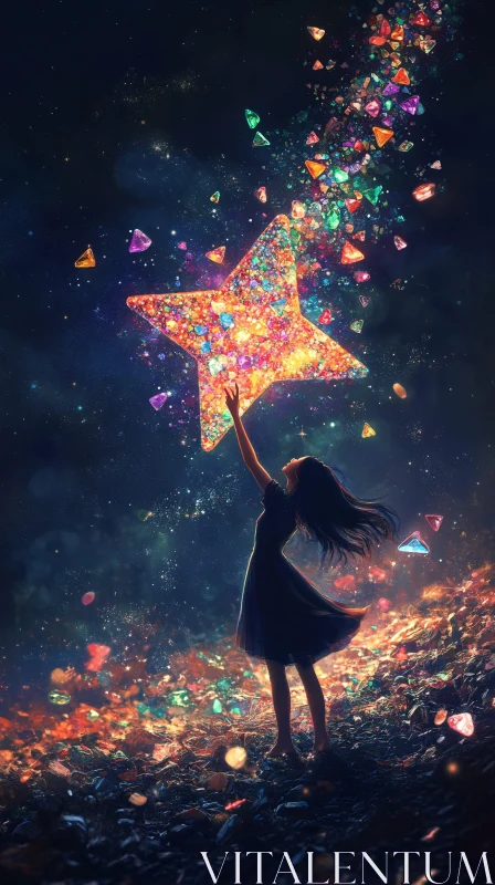 Surreal Scene of Girl and Glittering Star AI Image