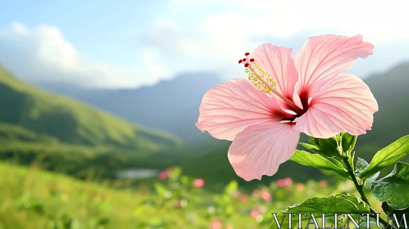 Blooming Pink Hibiscus with Green Hills