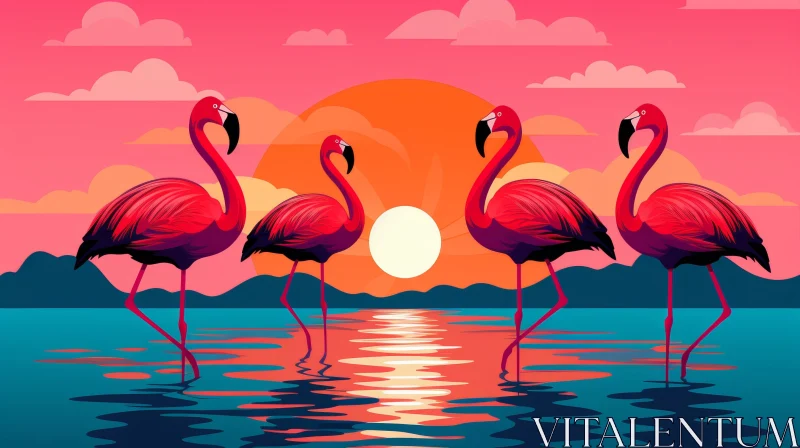 Vector Flamingos at Sunset over Tropical Water