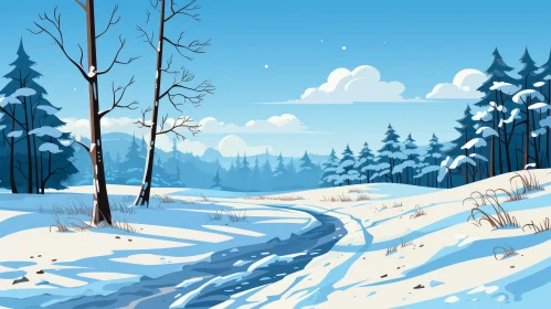 Vector Winter Landscape with Snowy Forest and Trail