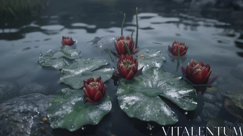 Red Water Lilies Floating on a Calm Pond – Realistic Nature Close-Up