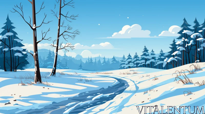 Vector Winter Landscape with Snowy Forest and Trail