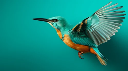 Vibrant Kingfisher in Flight on Teal Background