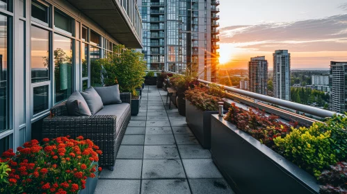 Luxury Rooftop Terrace at Sunset with Cityscape View