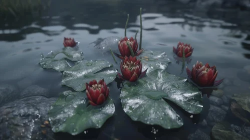Red Water Lilies Floating on a Calm Pond – Realistic Nature Close-Up