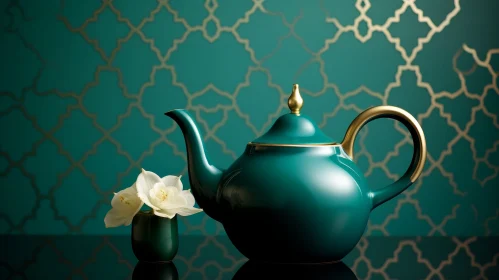 Elegant Teal Teapot with Gold Accents and White Flowers