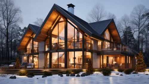 Modern Wooden Chalet with Glass Facade in Winter Forest