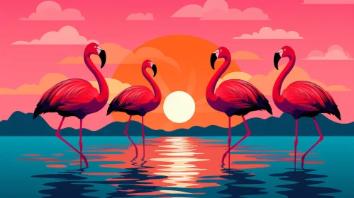 Vector Flamingos at Sunset over Tropical Water