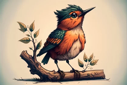 Adorable Avian Charm: Cute Cartoon Bird Perched on a Tree Brancр Adorable Avian Charm: Cute Cartoon Bird Perched on a Tree Brancр