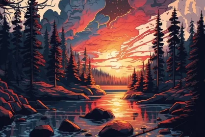 Nature's Radiance: Majestic Forest and Serene River Bathed in Sunset Glow Nature's Radiance: Majestic Forest and Serene River Bathed in Sunset Glow