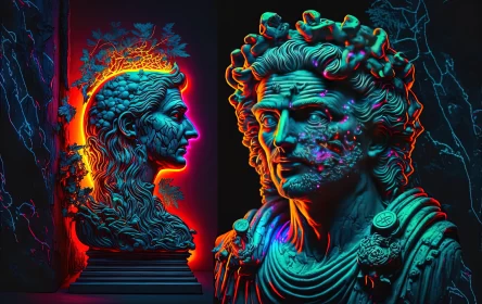 Psychedelic Encounters: Ancient Statues and Acid-Trippy Neon Posters Merge in a Dazzling Fusion of A Psychedelic Encounters: Ancient Statues and Acid-Trippy Neon Posters Merge in a Dazzling Fusion of A