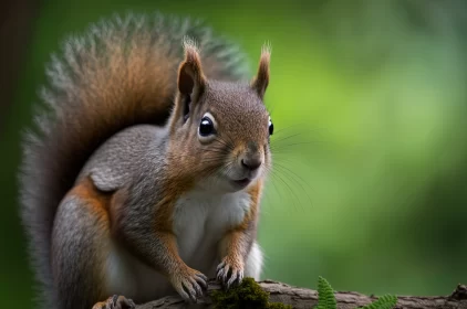 Nature's Acrobats: Common Squirrel on a Tree Branch Amidst a Lush Blurry Green Background Nature's Acrobats: Common Squirrel on a Tree Branch Amidst a Lush Blurry Green Background