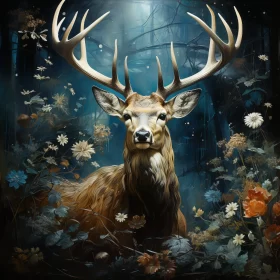 Enchanting Nighttime Deer Painting Amidst Forest Flowers Enchanting Nighttime Deer Painting Amidst Forest Flowers