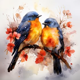 Captivating Birds Perched on a Branch: Realistic and Romantic Watercolor Illustration Captivating Birds Perched on a Branch: Realistic and Romantic Watercolor Illustration