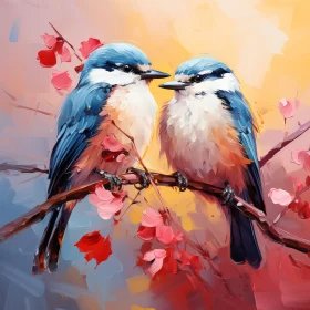 Breathtaking Image of Two Birds Perched on a Branch with Vibrant Plumage in Oil Painting Style Breathtaking Image of Two Birds Perched on a Branch with Vibrant Plumage in Oil Painting Style