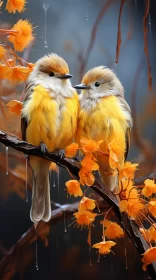 Vibrant Yellow Birds Perched on a Branch: Zbrush Style Artwork Vibrant Yellow Birds Perched on a Branch: Zbrush Style Artwork