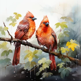 Vibrant Red Birds Perched on a Branch: Realistic Painting with Lush Foliage and Detailed Character I Vibrant Red Birds Perched on a Branch: Realistic Painting with Lush Foliage and Detailed Character I