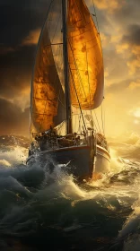 Photorealistic Storybook Illustration of Sailboat in Stormy Seas Photorealistic Storybook Illustration of Sailboat in Stormy Seas