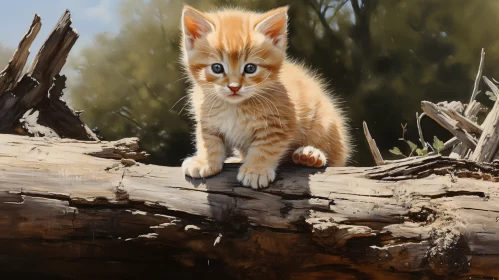 Illustration of Kitten on Tree Branch in Amber Hues Illustration of Kitten on Tree Branch in Amber Hues