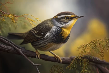 Romanticized Wilderness: Brown and Yellow Bird on Tree Branch Romanticized Wilderness: Brown and Yellow Bird on Tree Branch