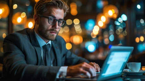 Young Professional Man Working on Laptop in Dimly Lit Bar or Restaurant Young Professional Man Working on Laptop in Dimly Lit Bar or Restaurant