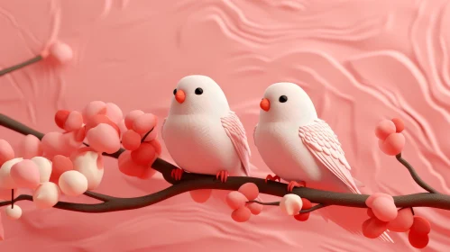 Romantic 3D Rendering of White Birds on Branch with Flowers Romantic 3D Rendering of White Birds on Branch with Flowers