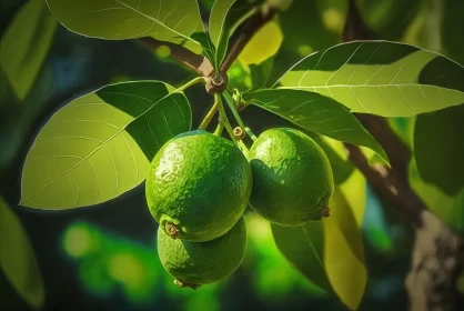 Captivating Image: Green Fruits on a Tree Branch with Intense Light and Shadow Captivating Image: Green Fruits on a Tree Branch with Intense Light and Shadow