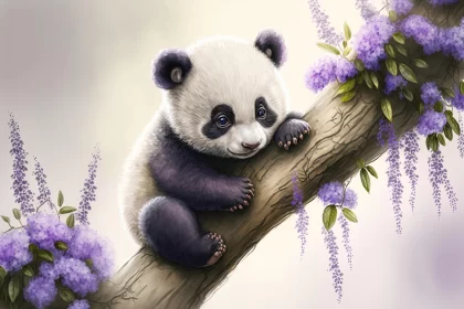 Adorable Panda on Tree Branch with Purple Flowers - Hyper-Realistic Illustration Adorable Panda on Tree Branch with Purple Flowers - Hyper-Realistic Illustration