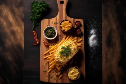 Delicious Wooden Board with French Fries and Toppings - Food Photography Delicious Wooden Board with French Fries and Toppings - Food Photography