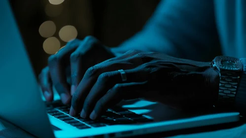 Intense Focus: A Young Man Typing on a Laptop in a Dimly Lit Room Intense Focus: A Young Man Typing on a Laptop in a Dimly Lit Room