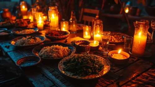 Night Scene Table Setting with Food and Candles Night Scene Table Setting with Food and Candles