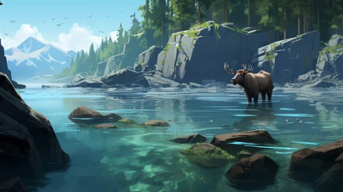 Serene Mountain Lake Landscape with Moose Serene Mountain Lake Landscape with Moose